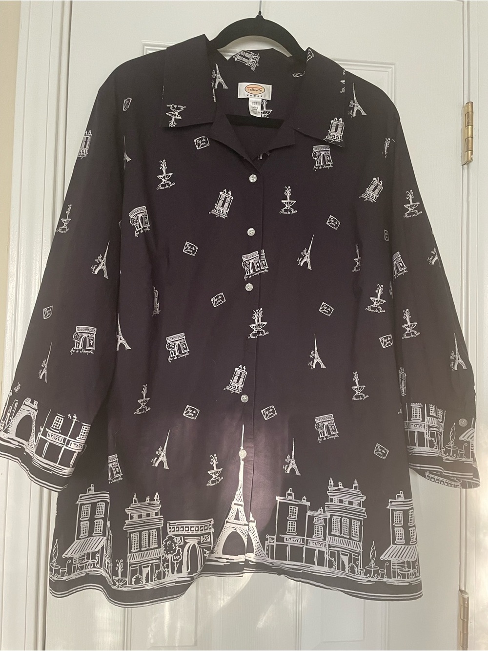 Talbots Black Button-Up Tunic with White Paris Print